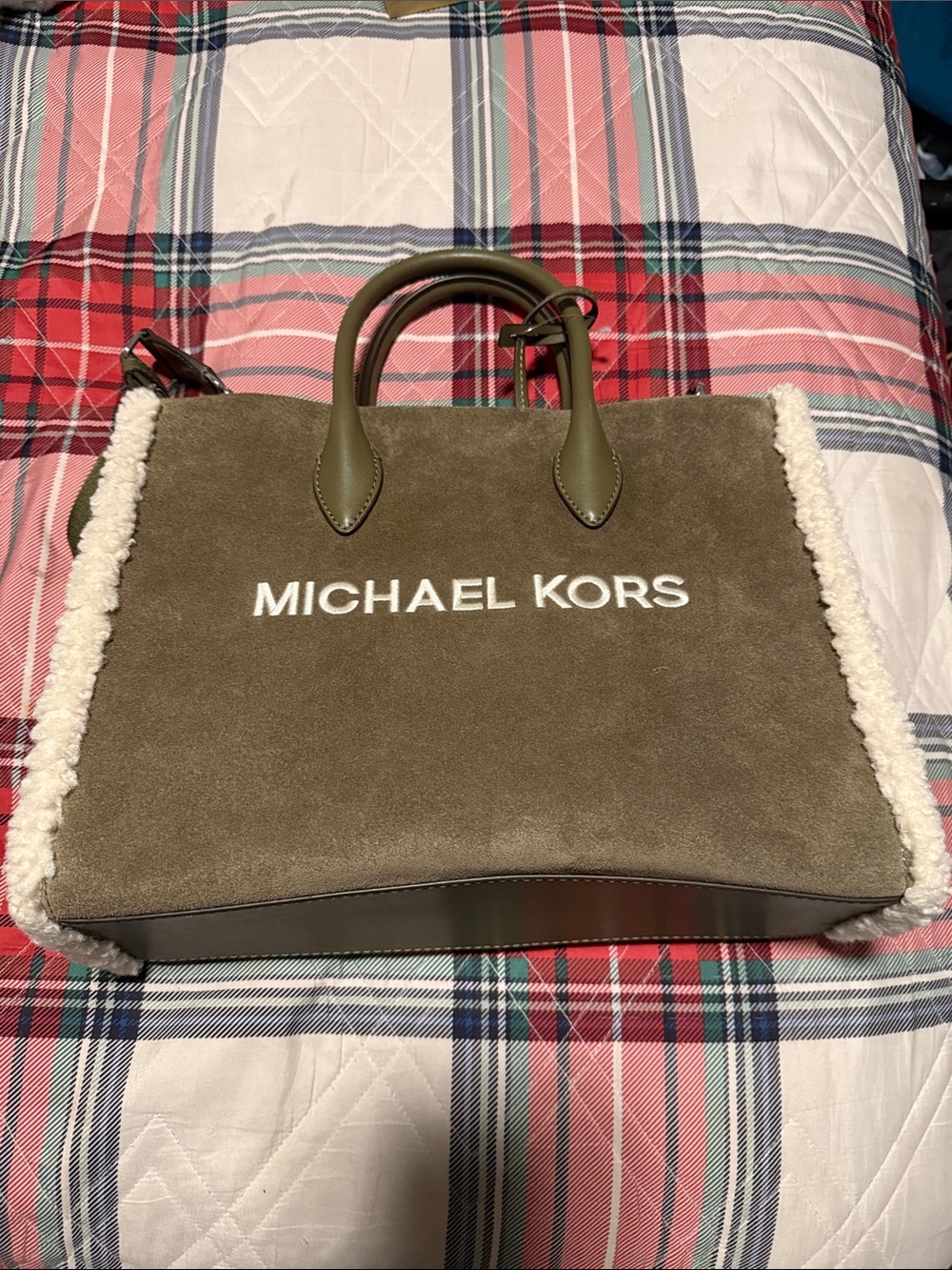 MICHAEL KORS Olive Suede Tote with Shearling Trim
